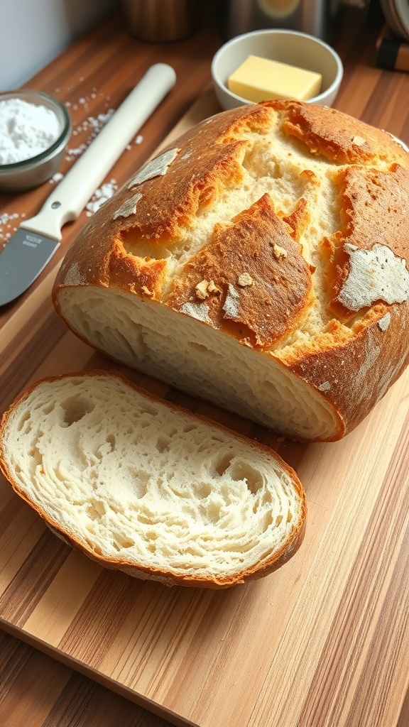 A golden crusted sourdough bread loaf on a cutting board with a slice cut to show the interior.